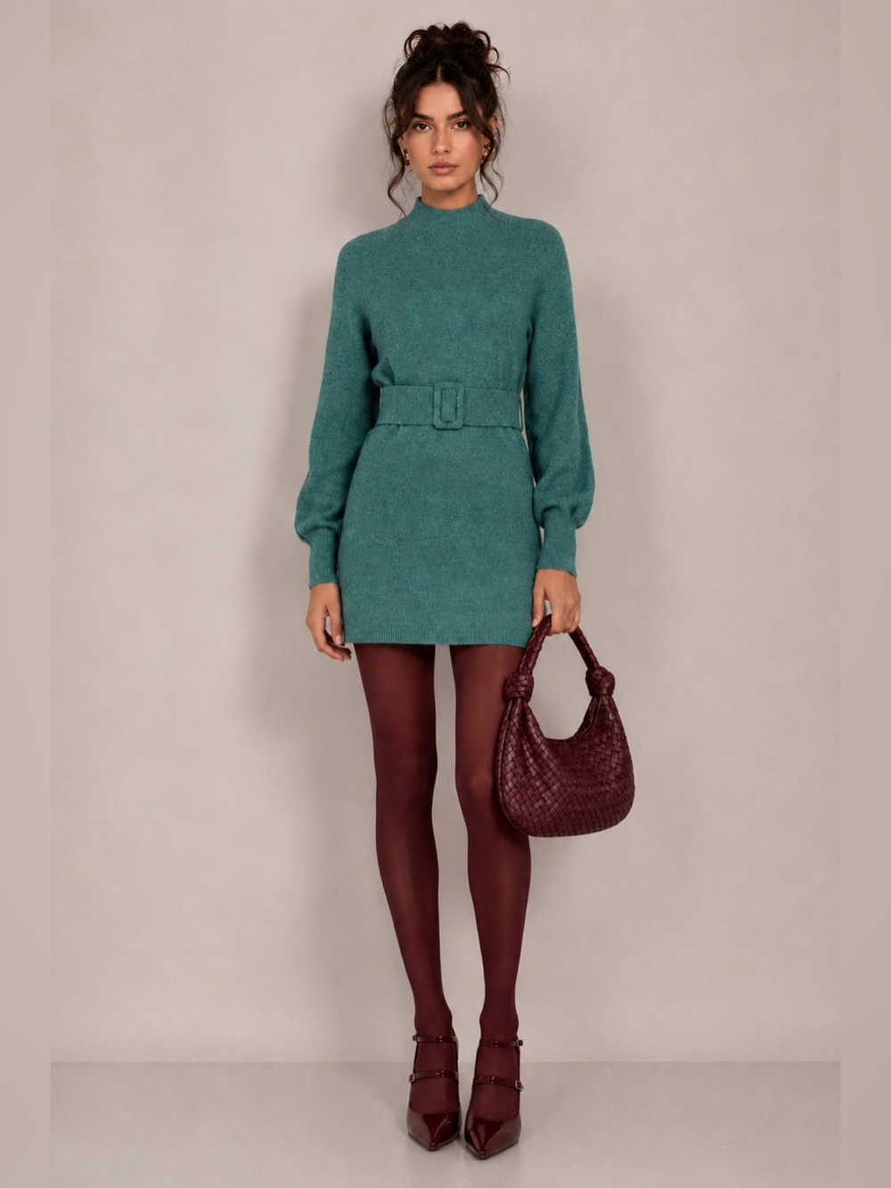Sezane Teal Mock-Neck Belted Mini Dress Chic Boho Preppy Feminine Romantic